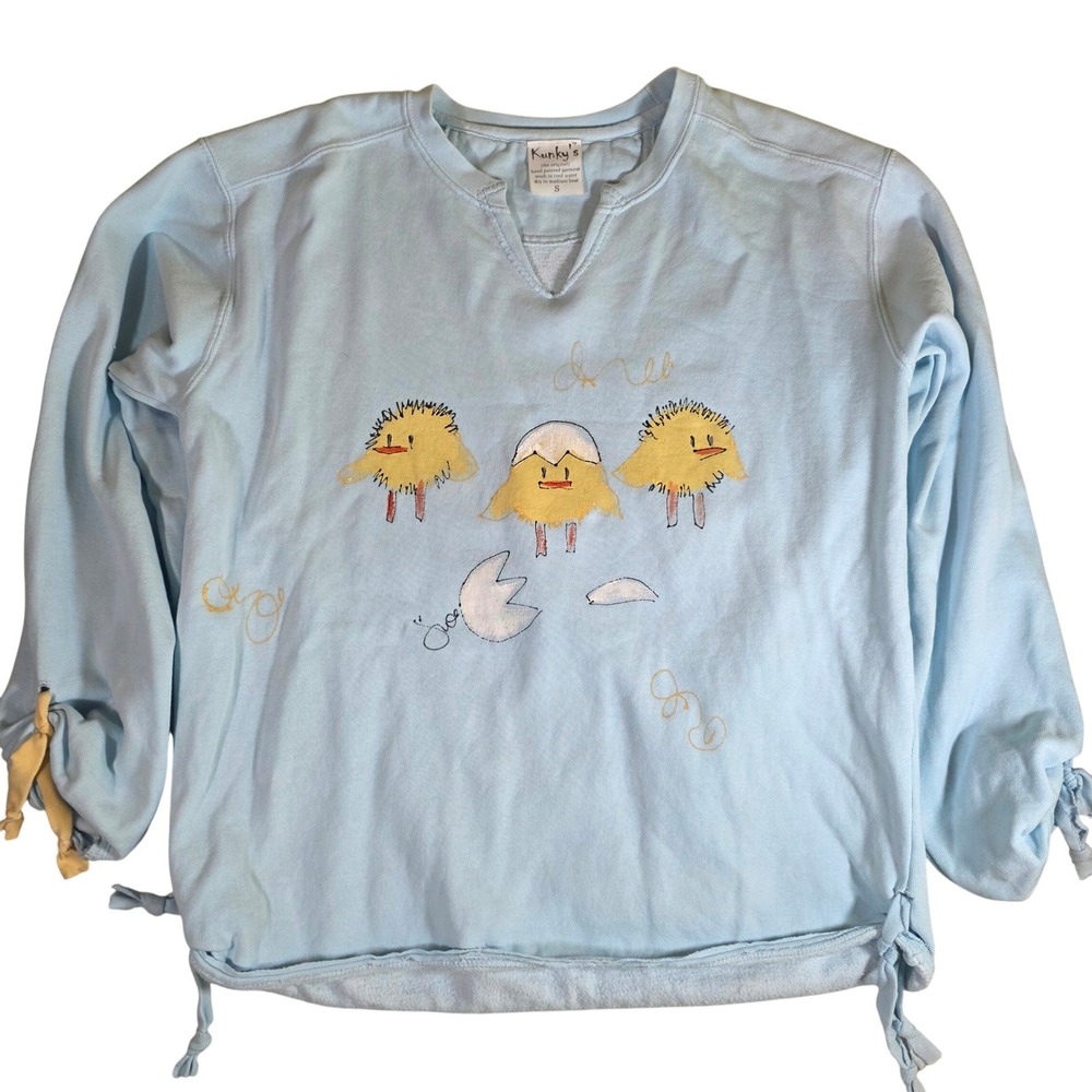 KUNKY'S Sz S Powder Blue Hand Painted Chicks Pullover Boho Cottagecore Easter